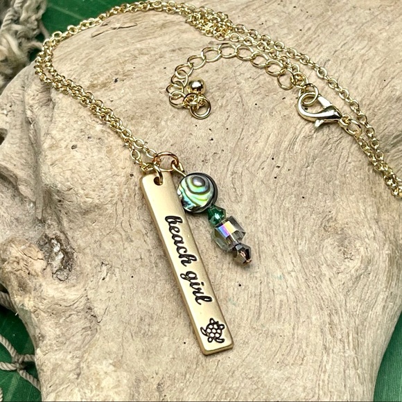 Gold or Silver Stamped BEACH GIRL Pendant w Abalone Shell Crystal Beads Necklace - Picture 10 of 16